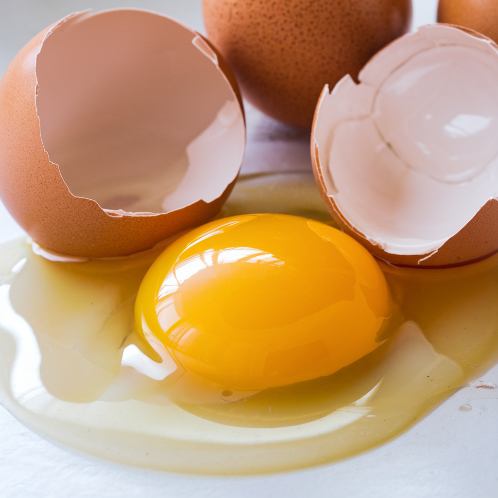 Cracked brown eggs in a white bowl with golden yolk and egg whites