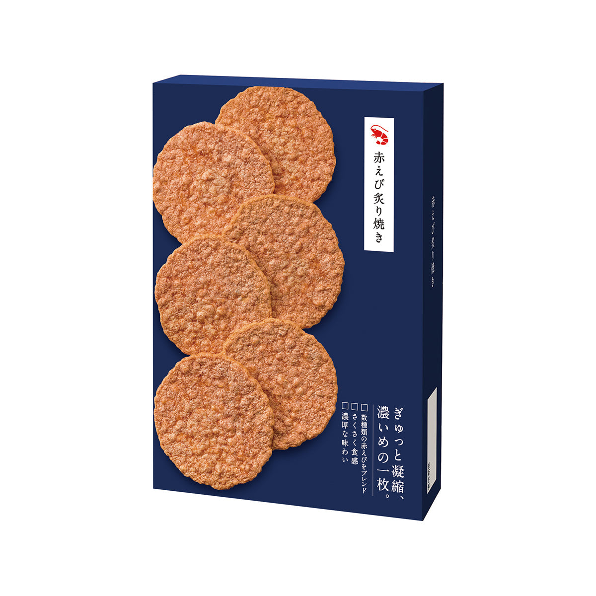 KEISHINDO roasted red shrimp crackers box with stack of round orange crackers