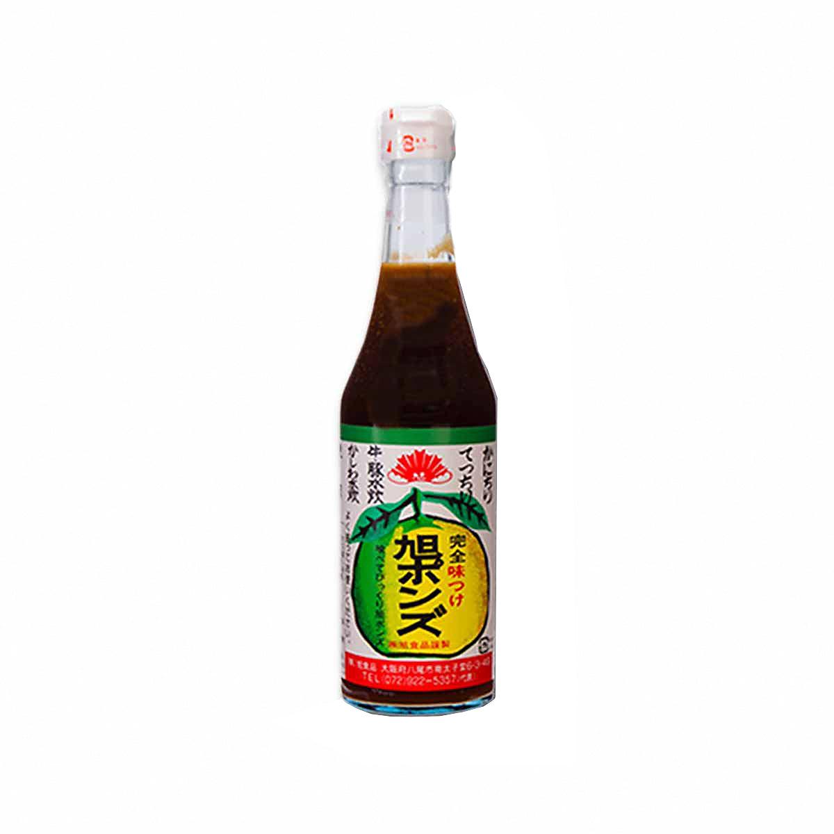 ASAHI SHOKUHIN ponzu yuzu citrus vinegar soy sauce bottle, dark brown liquid, 360 mL