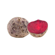 Fresh beetroot bulbs, one halved showing deep red flesh