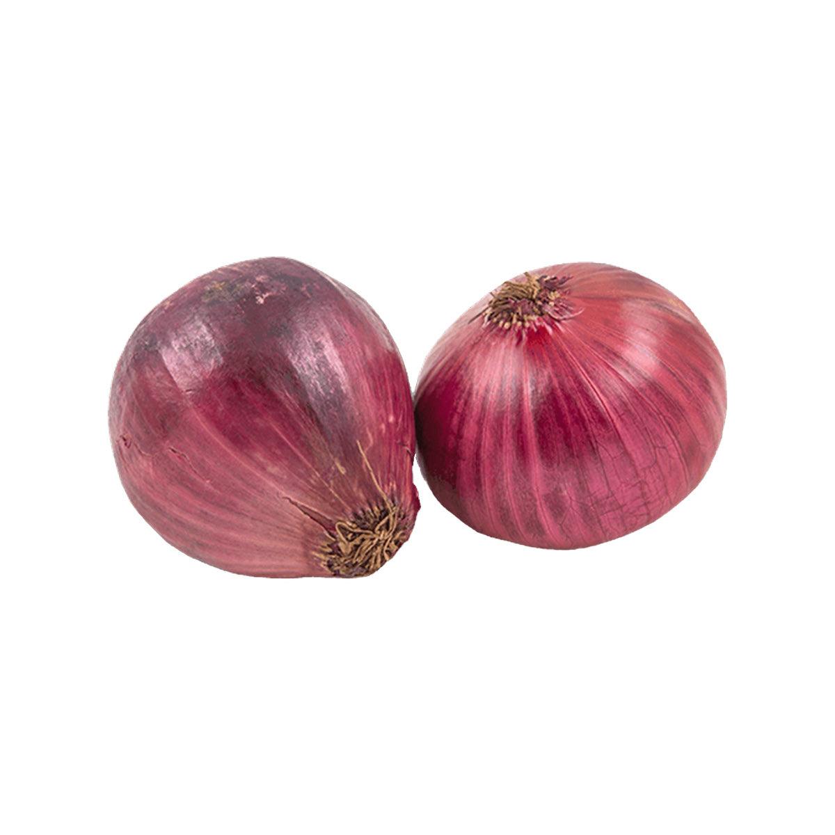 Red onions, two whole bulbs with papery skins, red-purple