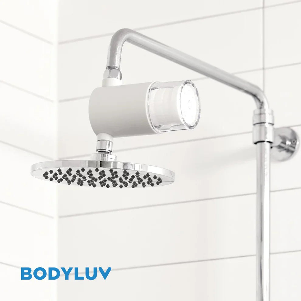 Chrome shower head with BODYLUV Puresome filter attachment