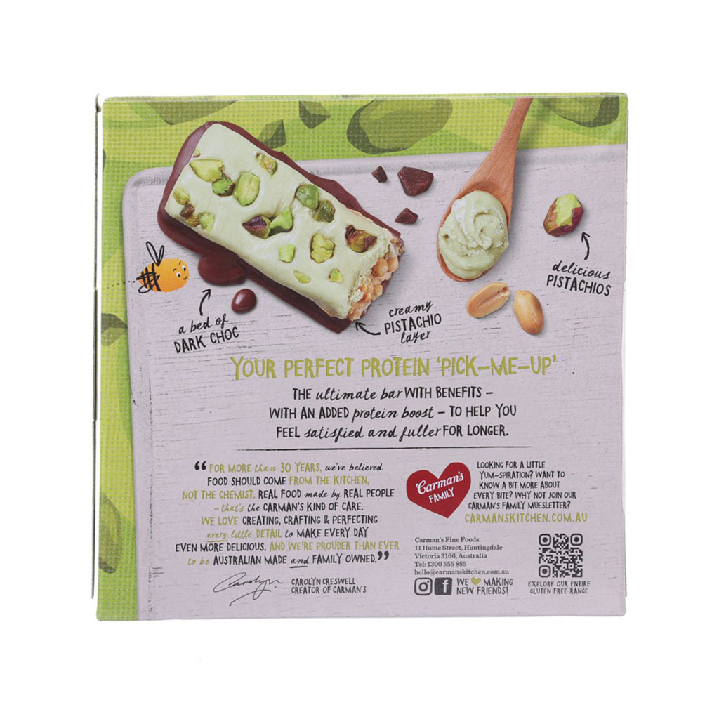 Protein bar back panel with pistachio photos and promotional text block