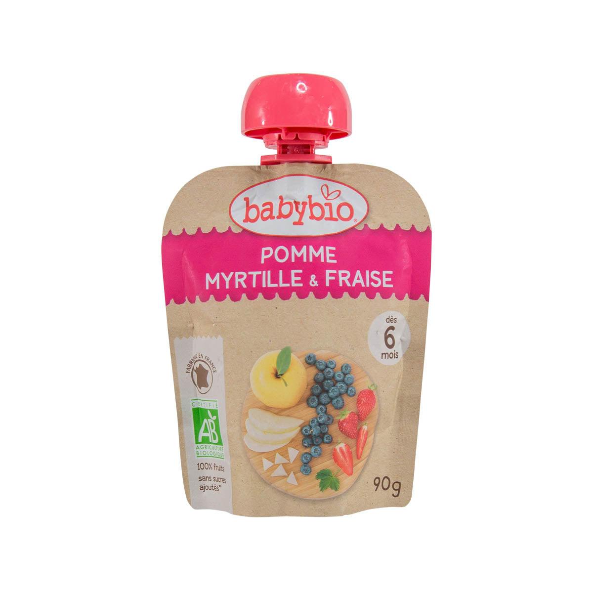 BABYBIO organic baby fruit puree pouch with red cap, blueberry strawberry apple, 90g
