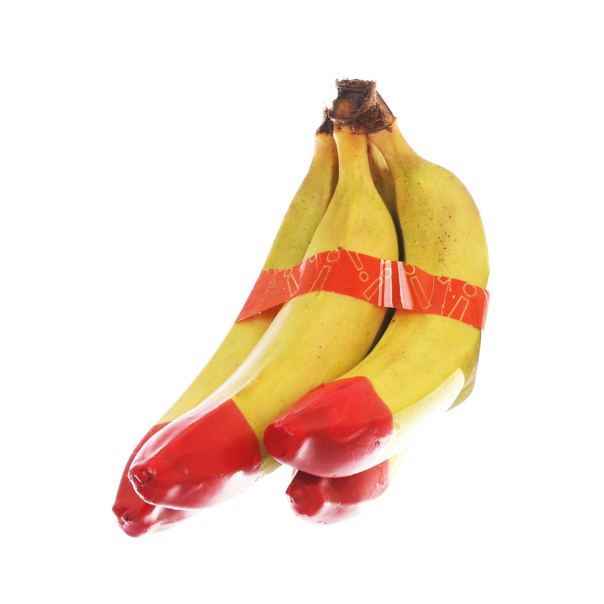 Eco bananas with red produce band, 3 bananas in a bunch