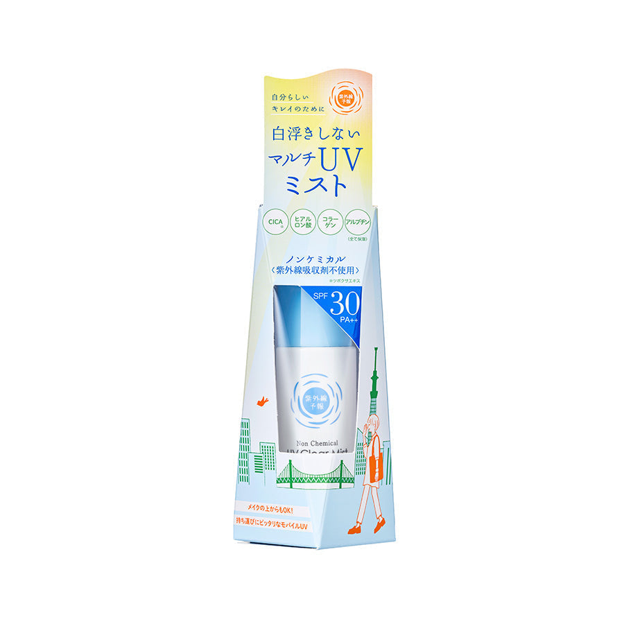 UV clear mist bottle with blue cap, white packaging, 30g size