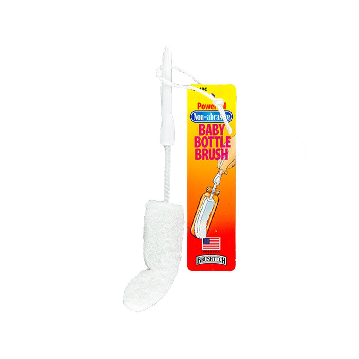 BRUSHTECH baby bottle brush with long handle and white non-abrasive bristles