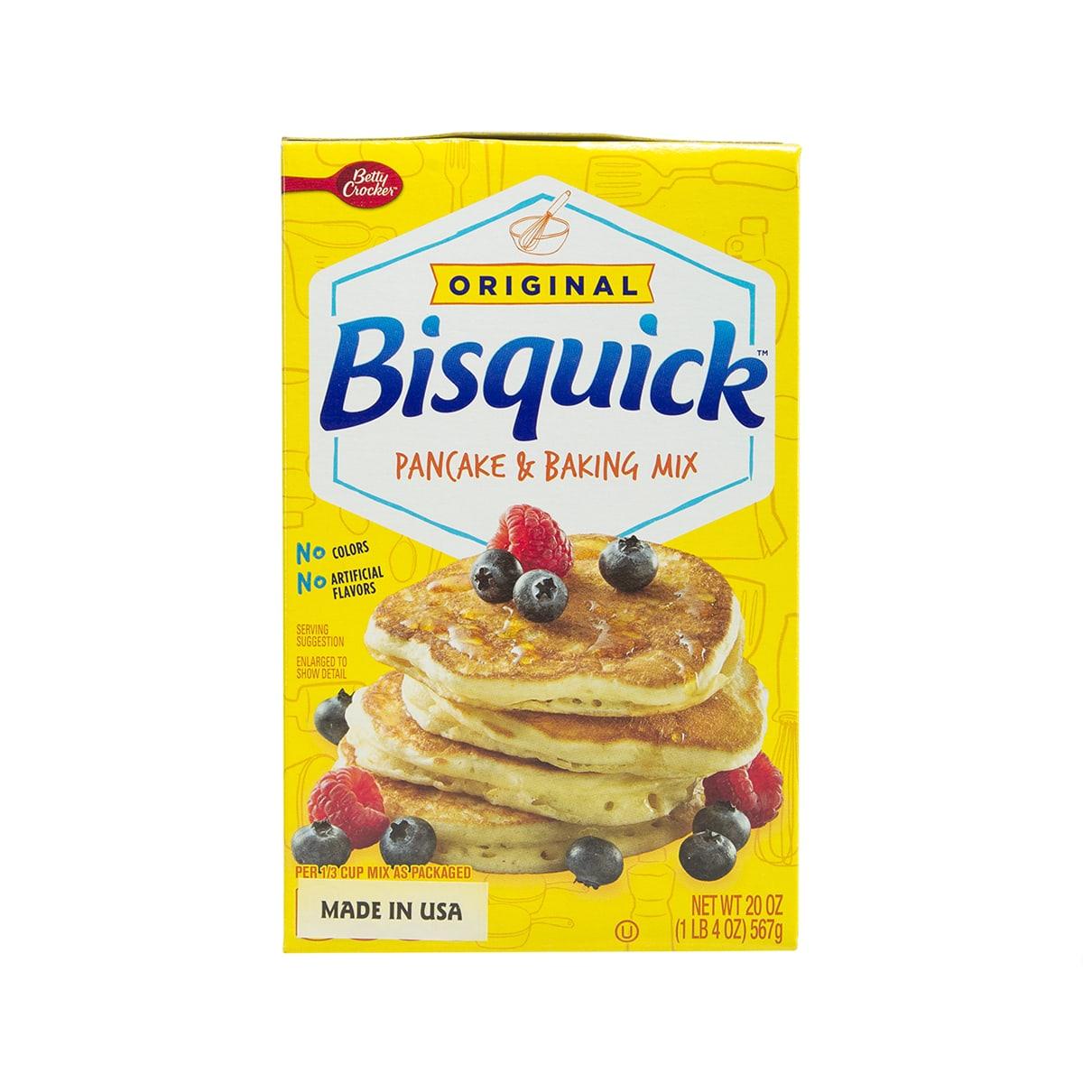 Bisquick pancake and baking mix box, yellow front with berry pancake photo