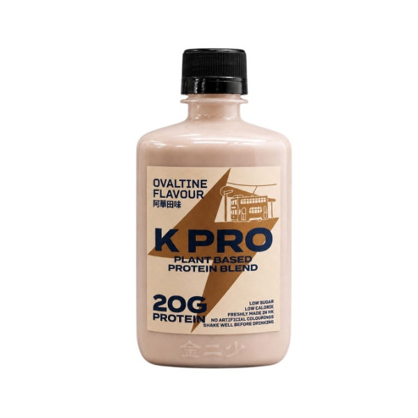Plant-based protein blend bottle, Ovaltine flavour, 20g protein, beige with black cap.