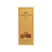 Milk chocolate bar with caramel praline filling, salted butter, in beige wrapper