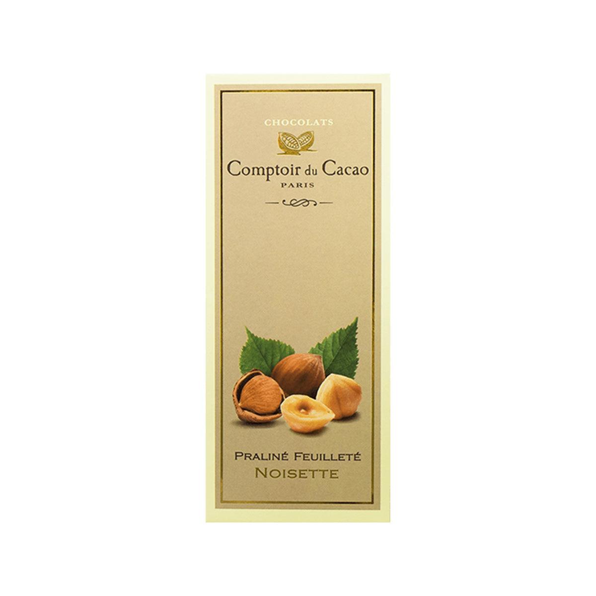 COMPTOIR DU CACAO hazelnut praline chocolate bar in beige foil package