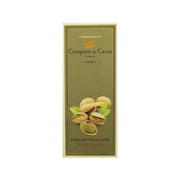 Pistachio praline chocolate bar in green-gold wrapper with pistachio illustration