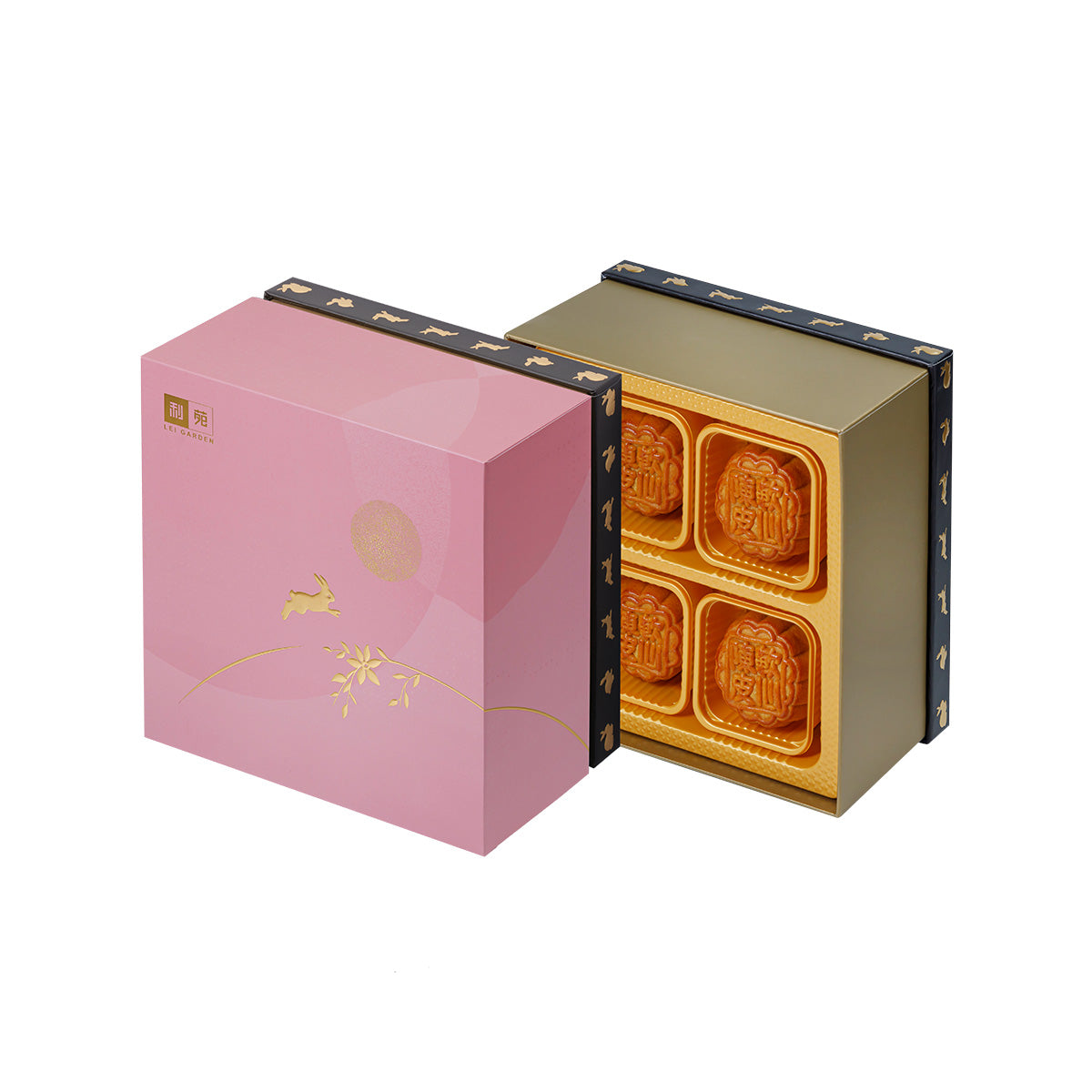 Red bean mooncake gift box set with open lid showing 4 baked mooncakes in tray