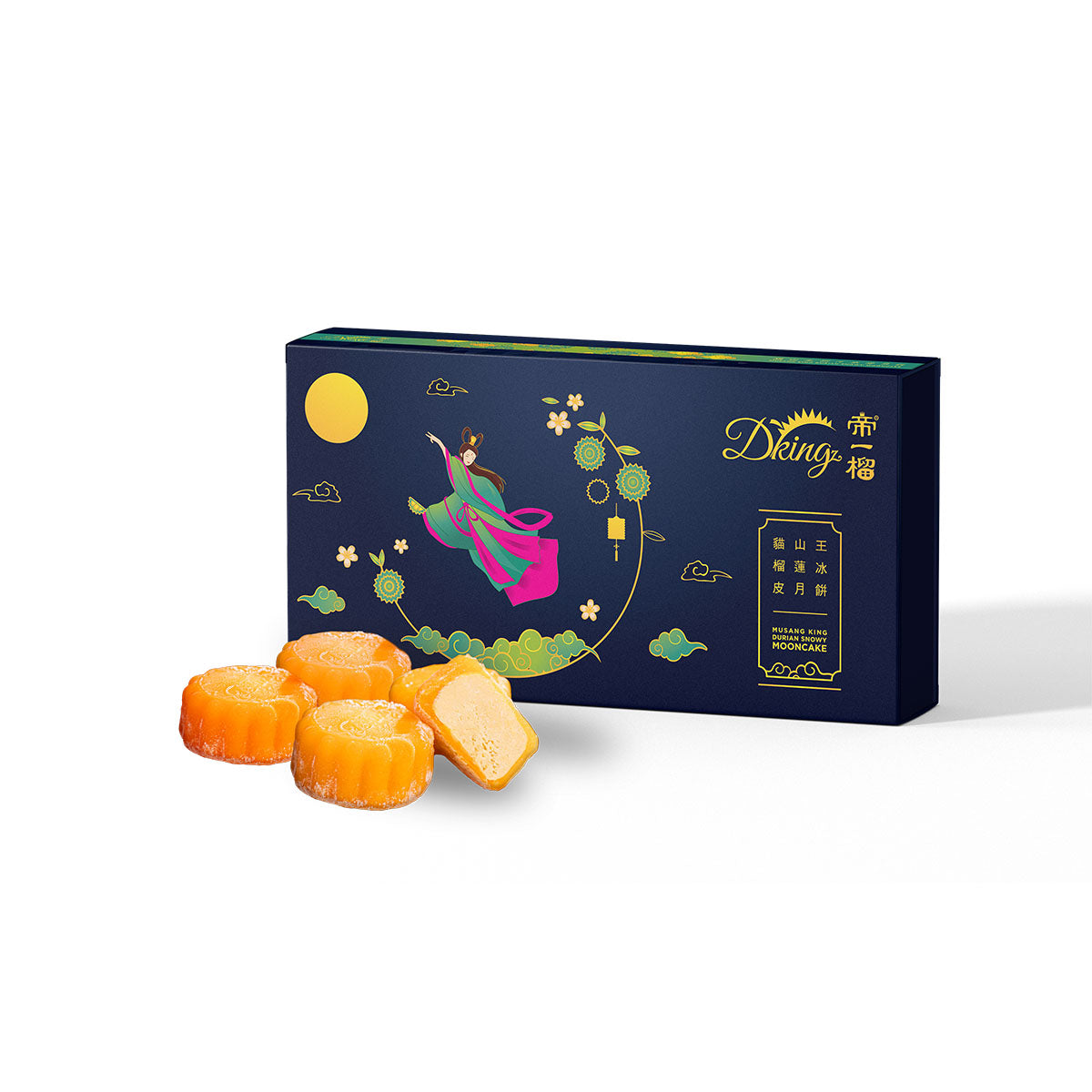 Durian mooncake gift box with navy lid design and orange mooncake pieces