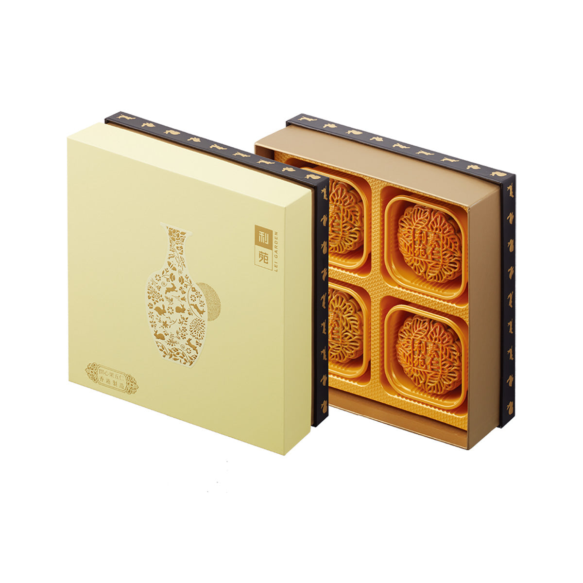 Pistachio mooncake gift box set with open gold compartments and illustrated inserts