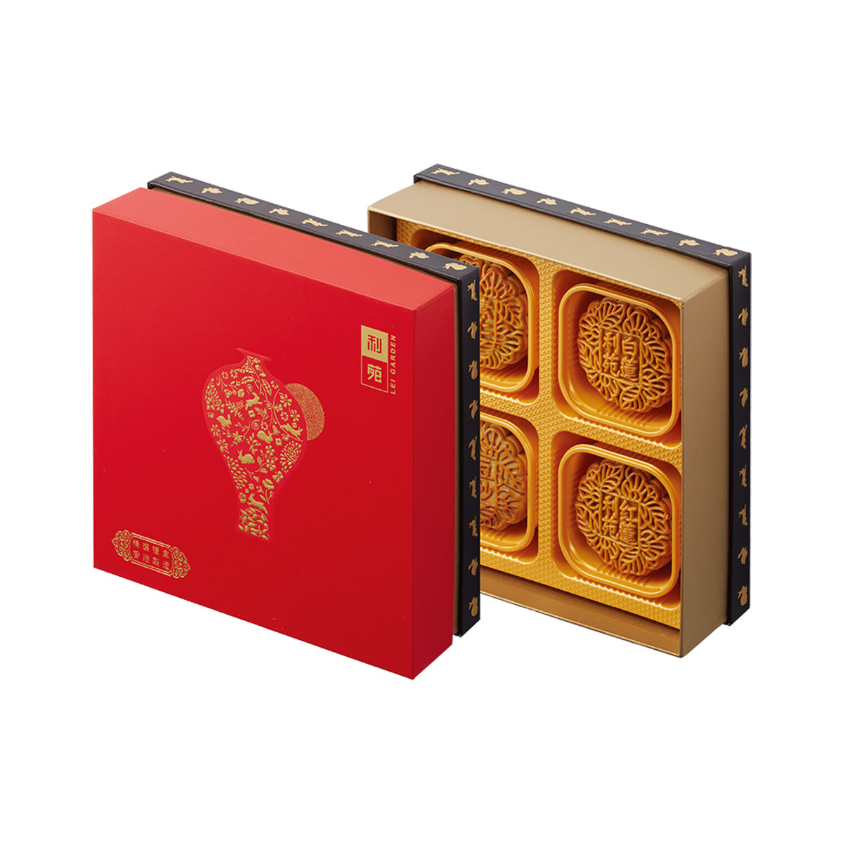 Mooncake set voucher with red box and open gold tray holding four pastries