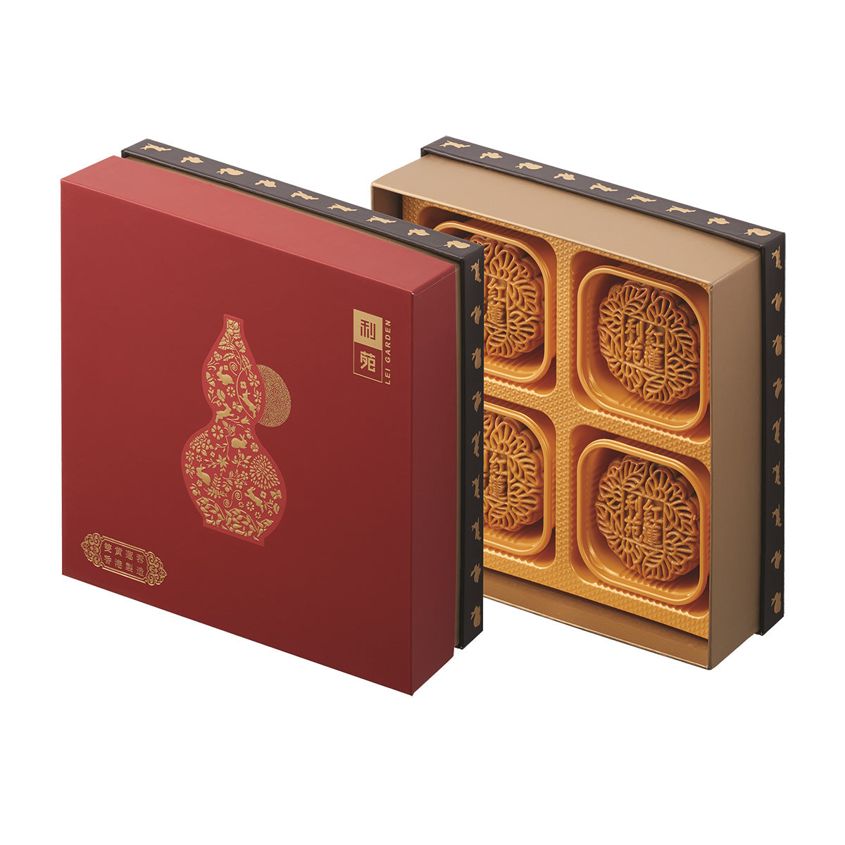 Mooncake gift box set in red and gold with embossed lotus design