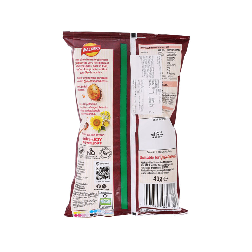 WALKERS smoky bacon potato crisps back of pack with nutrition and barcode, 45g