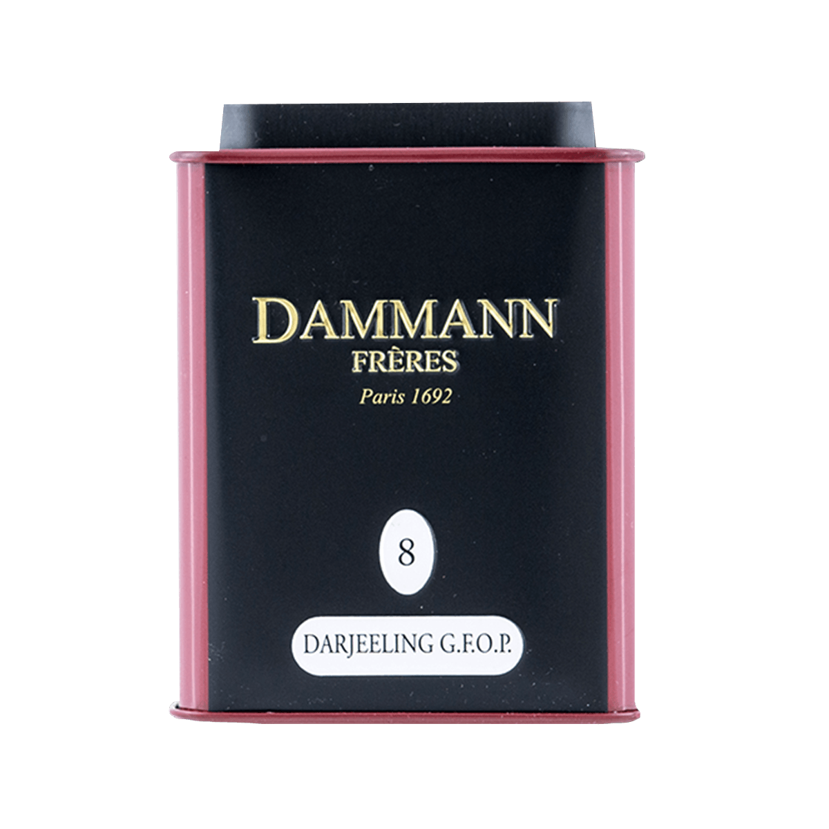 DAMMANN Darjeeling G.F.O.P black tea tin, black with pink trim and '8' label