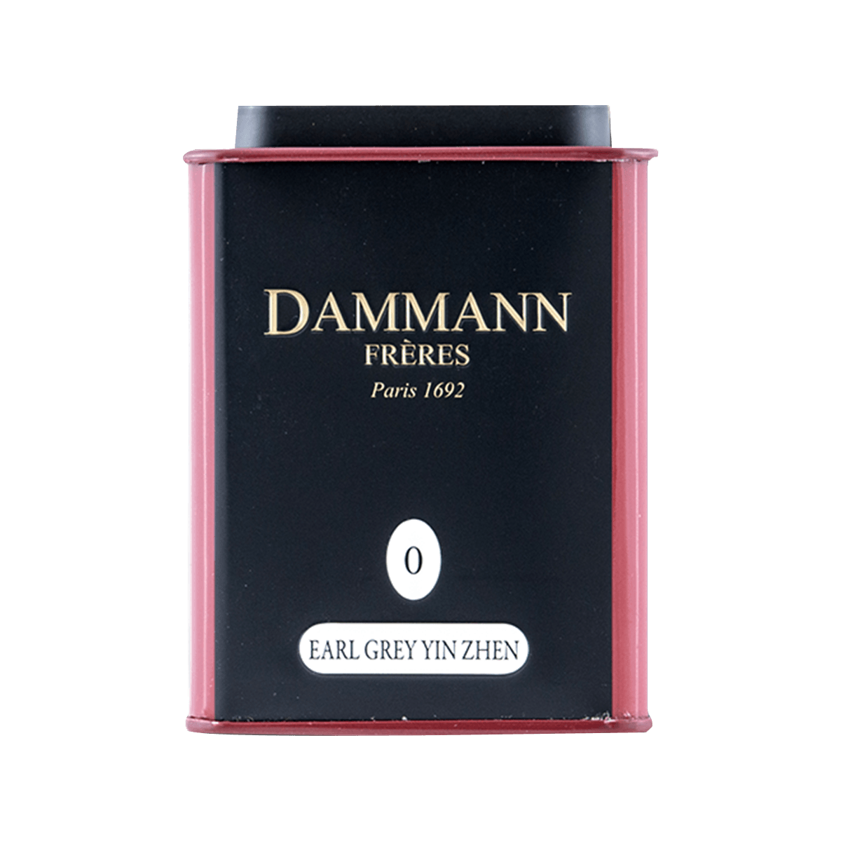 DAMMANN Freres black tea tin with pink trim, labeled Earl Grey Yin Zhen