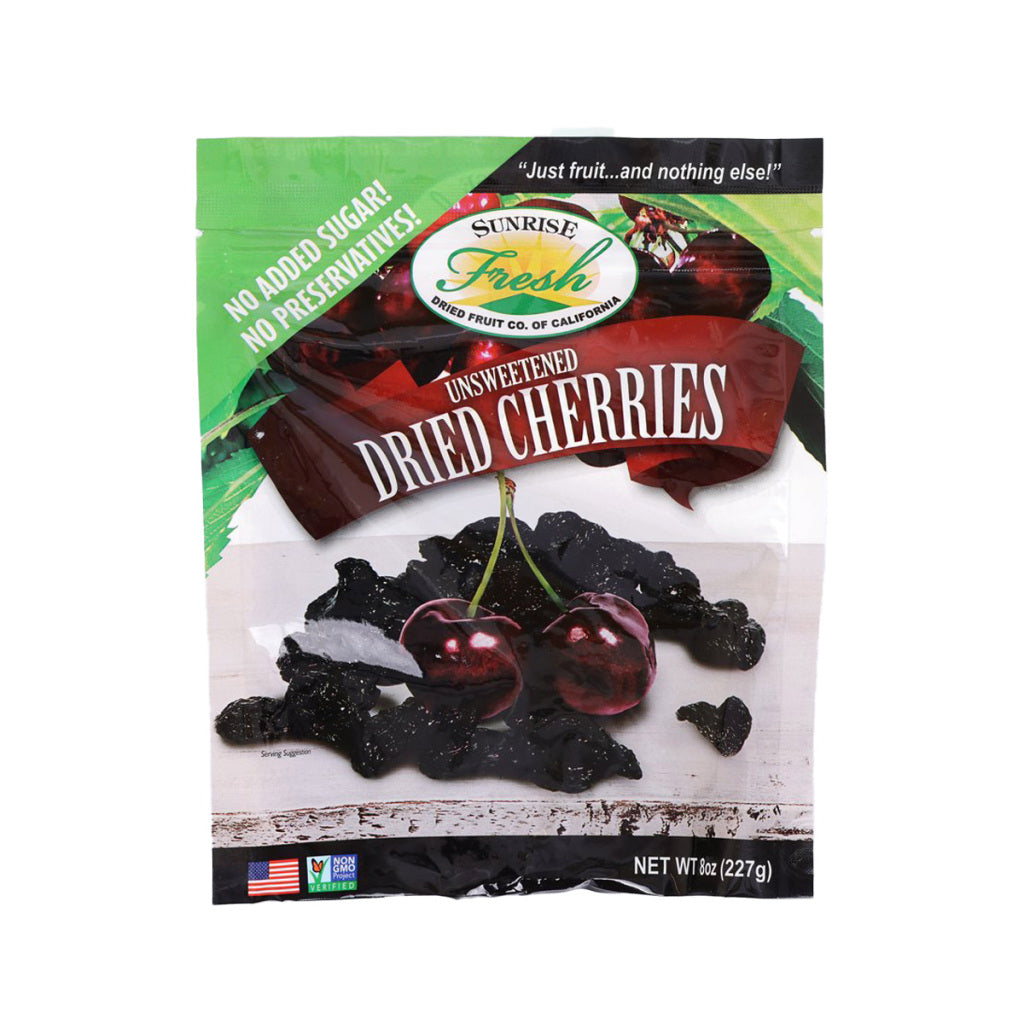 SUNRISE unsweetened dried cherries snack bag with dark dried cherry pieces