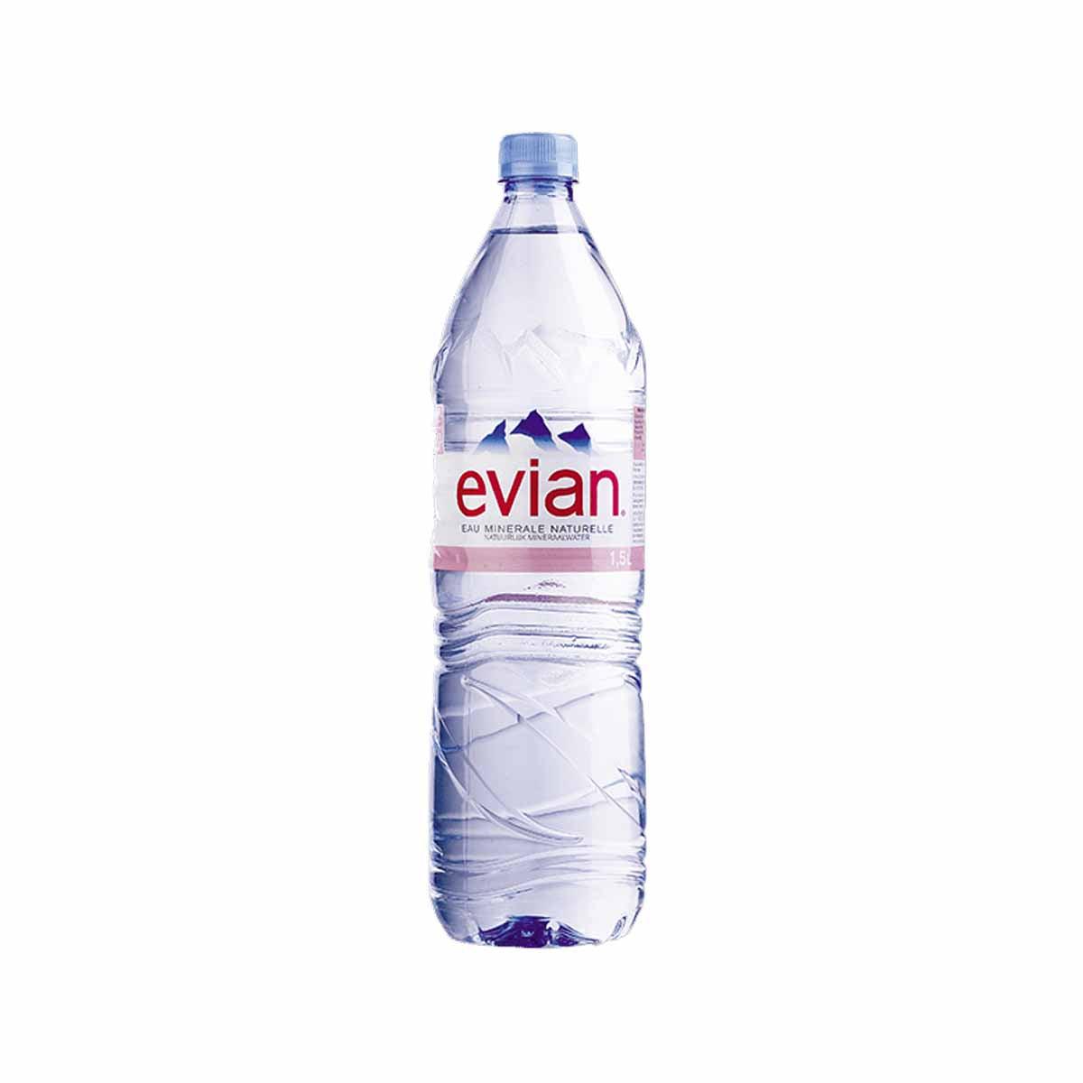 Evian natural mineral water bottle, 1.5L, clear plastic with blue cap and label.