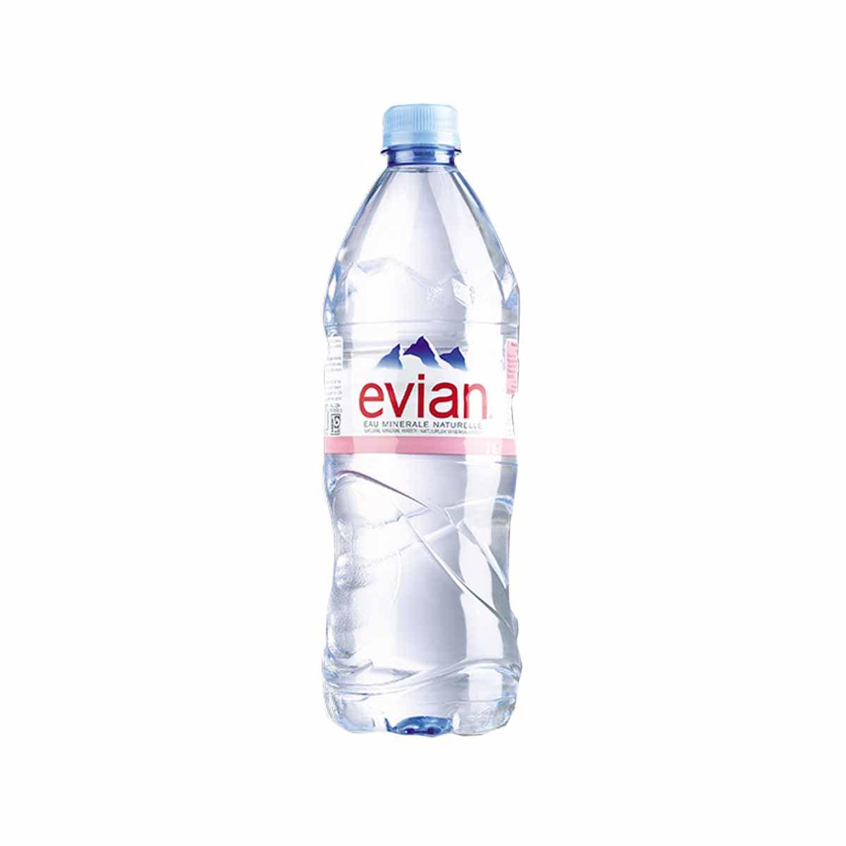 Evian natural mineral water bottle with blue cap, 1L plastic container