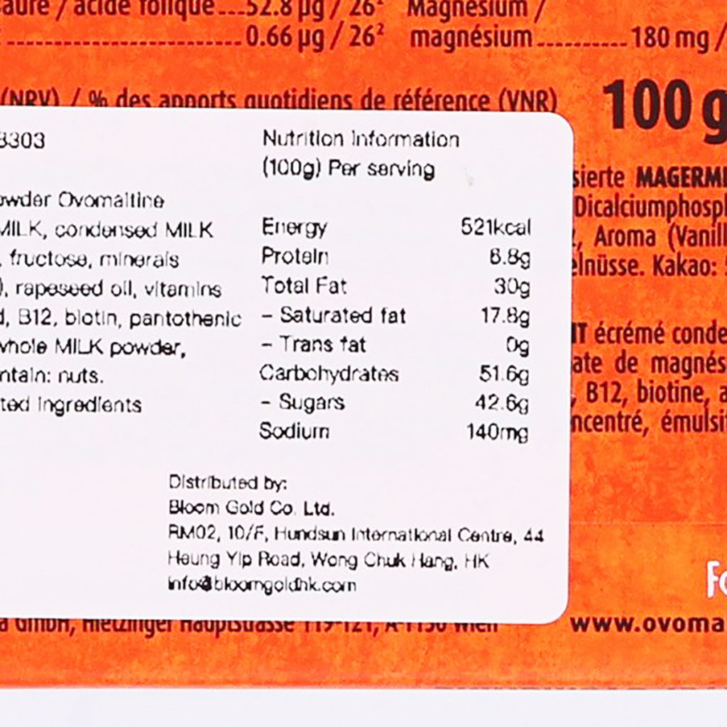 Ovomaltine nutrition information panel close-up on orange chocolate bar wrapper