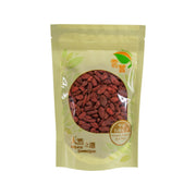 Dried goji berry pouch with round window showing dark red berries