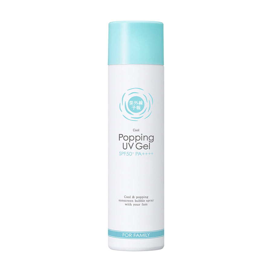 Popping UV gel sunscreen bottle, white body with light blue cap, for family use