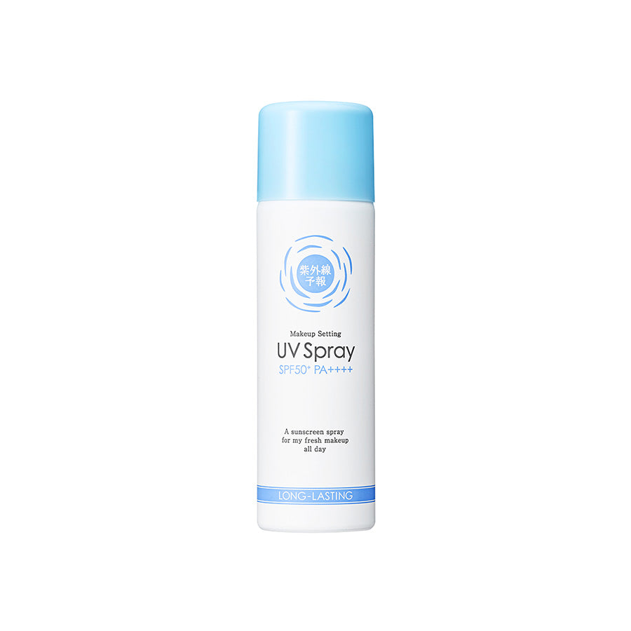 Makeup setting UV spray bottle, light blue cap and white label marked SPF50+ PA++++