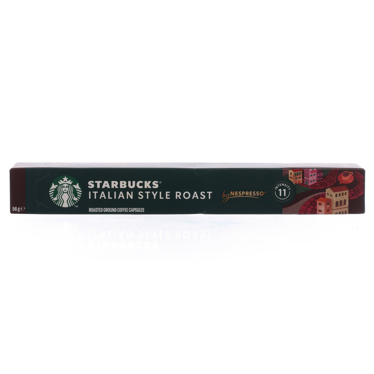 STARBUCKS Italian Style Roast coffee capsule box, dark green, front label view, 56 g