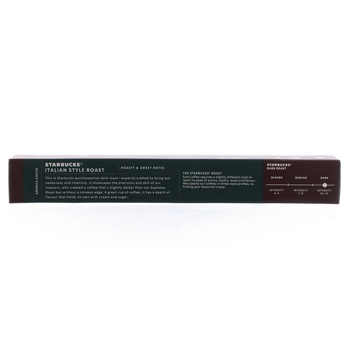 STARBUCKS Italian Style Roast capsule box, back panel with roast details, 56 g