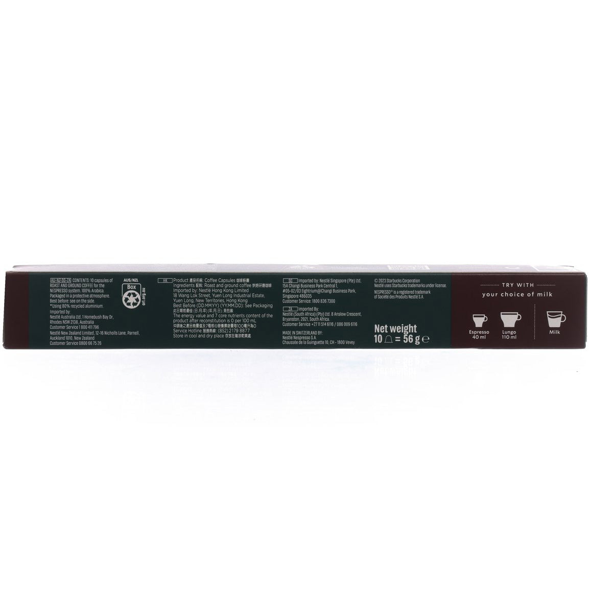 STARBUCKS Italian Style Roast capsule box, back panel text and recycling info, net 56 g