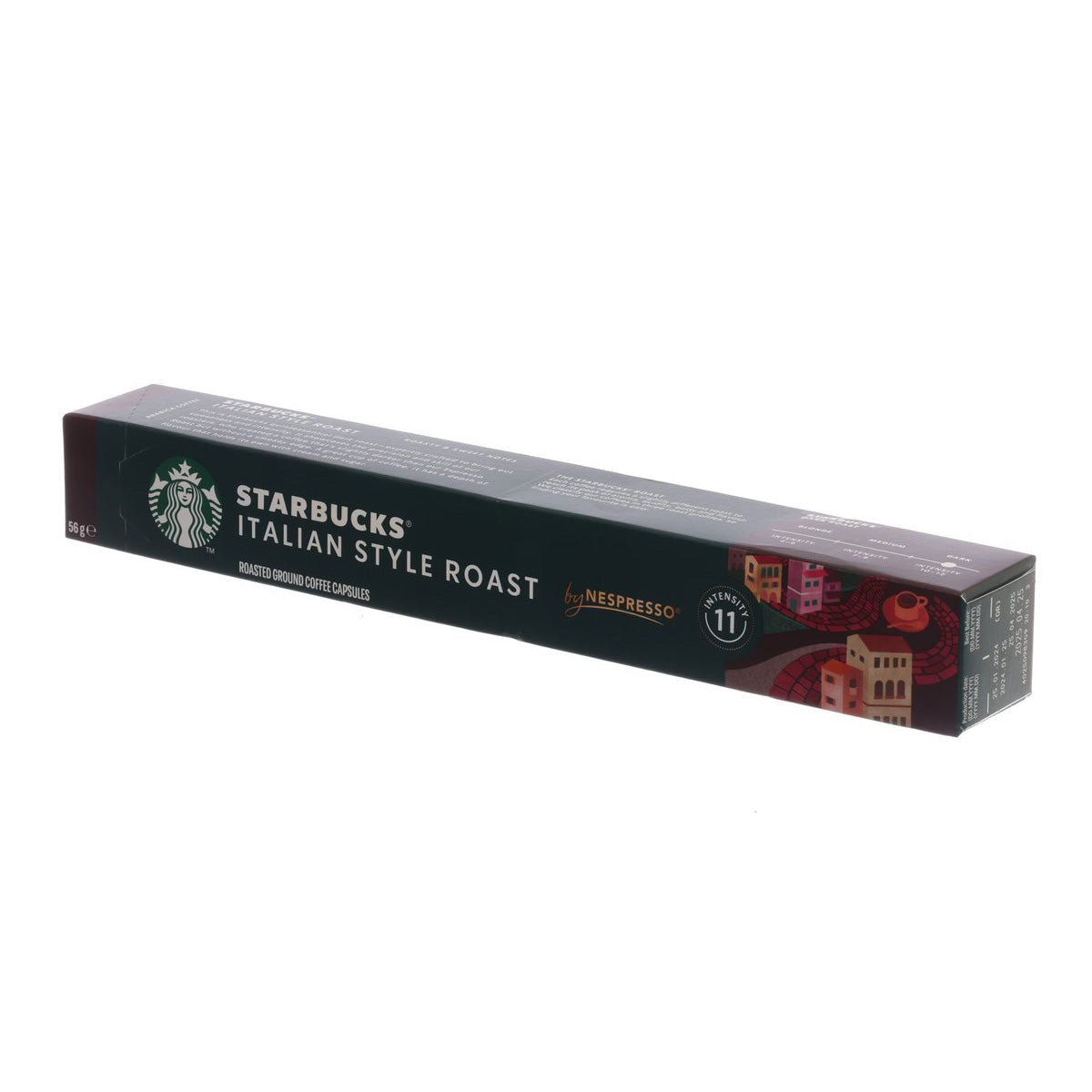 STARBUCKS Italian Style Roast capsule box, dark green side with Nespresso logo, angled