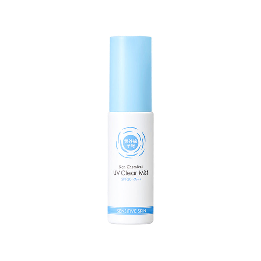 UV clear mist spray bottle with light blue top and white pump