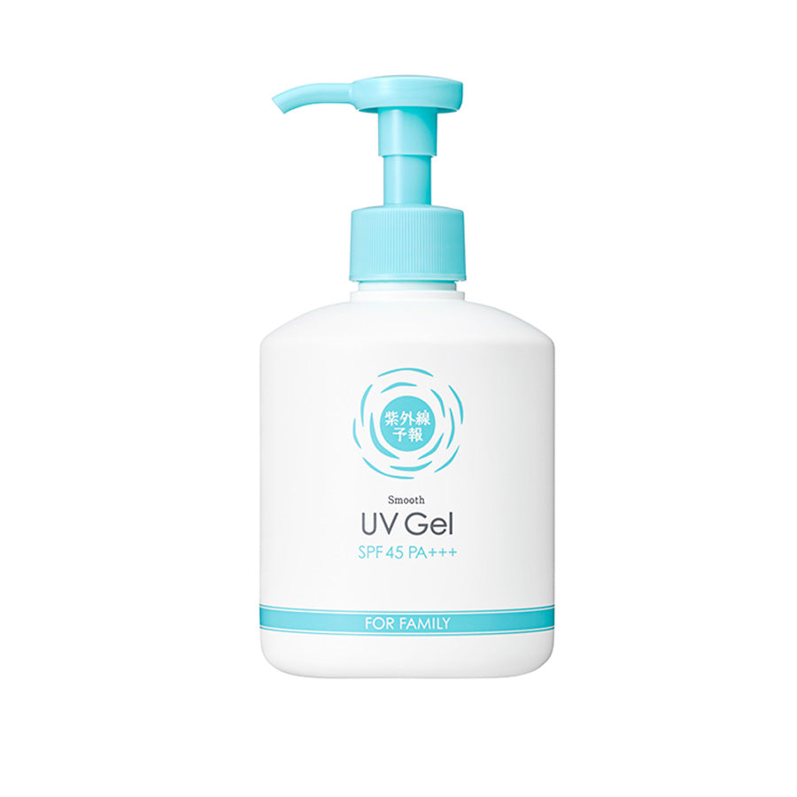 UV gel sunscreen bottle with blue pump and white label showing SPF 45 PA++++