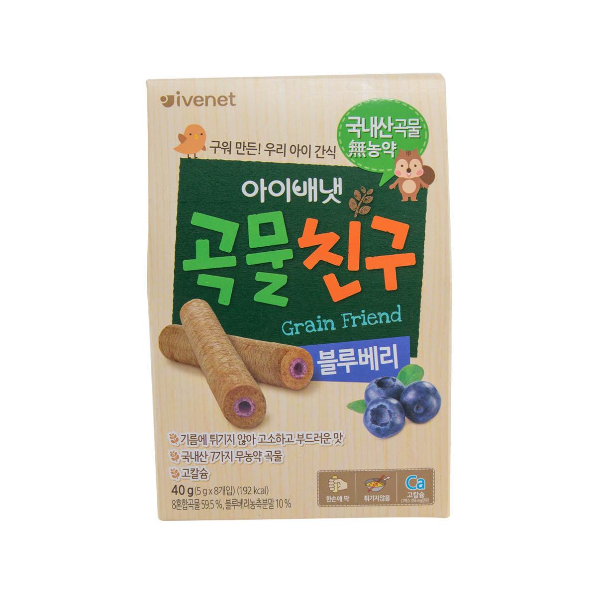 Blueberry grain snack box with illustrated cereal sticks for babies