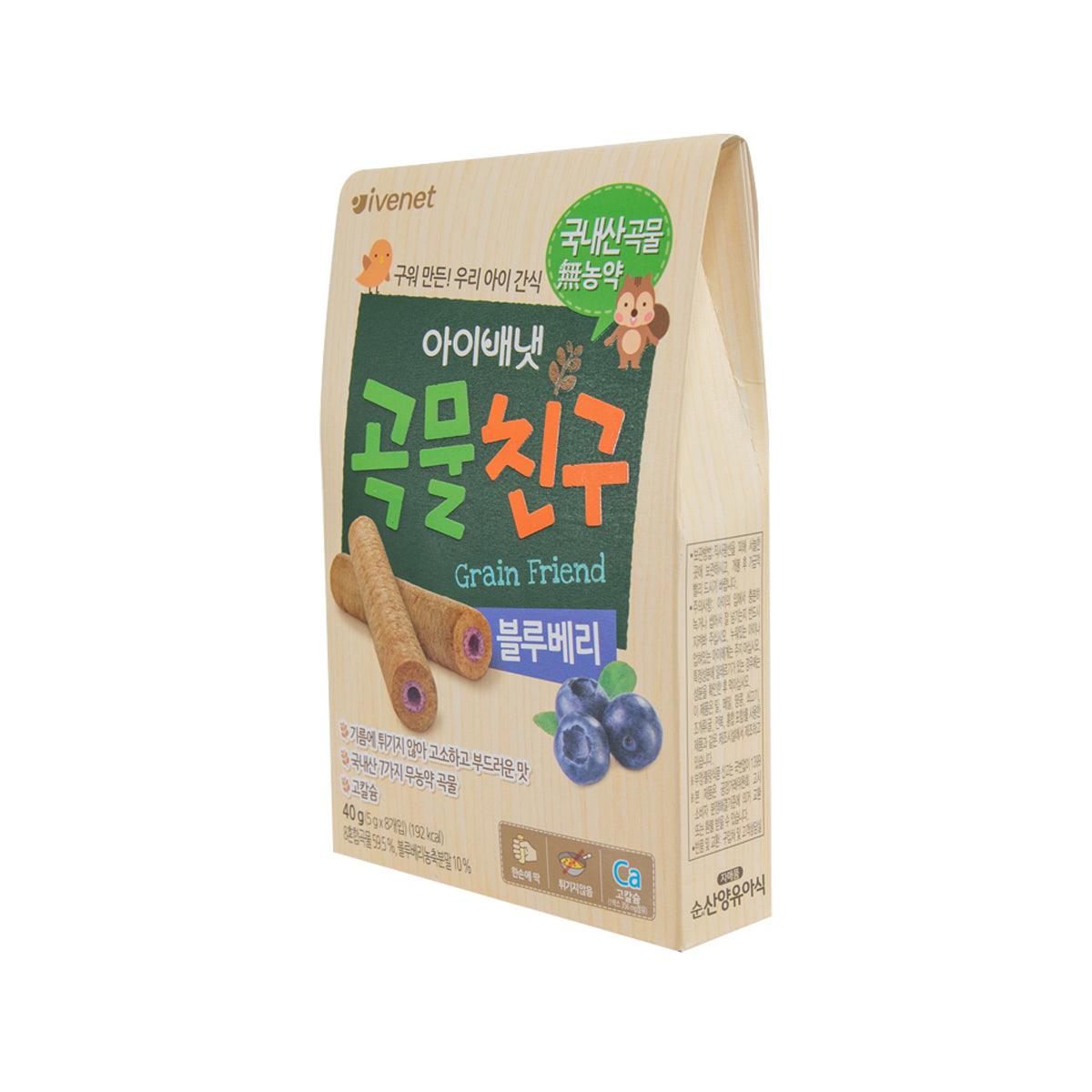 Blueberry grain snack box side view with cereal stick graphics