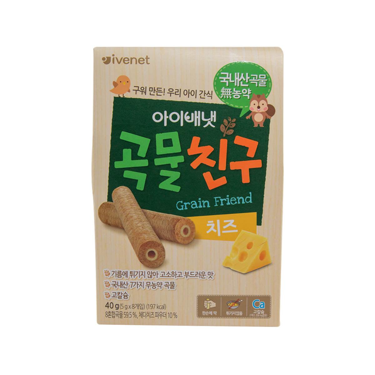 ivenet Grain Friend baby snack pouch, cheese flavor, beige bag with green graphics