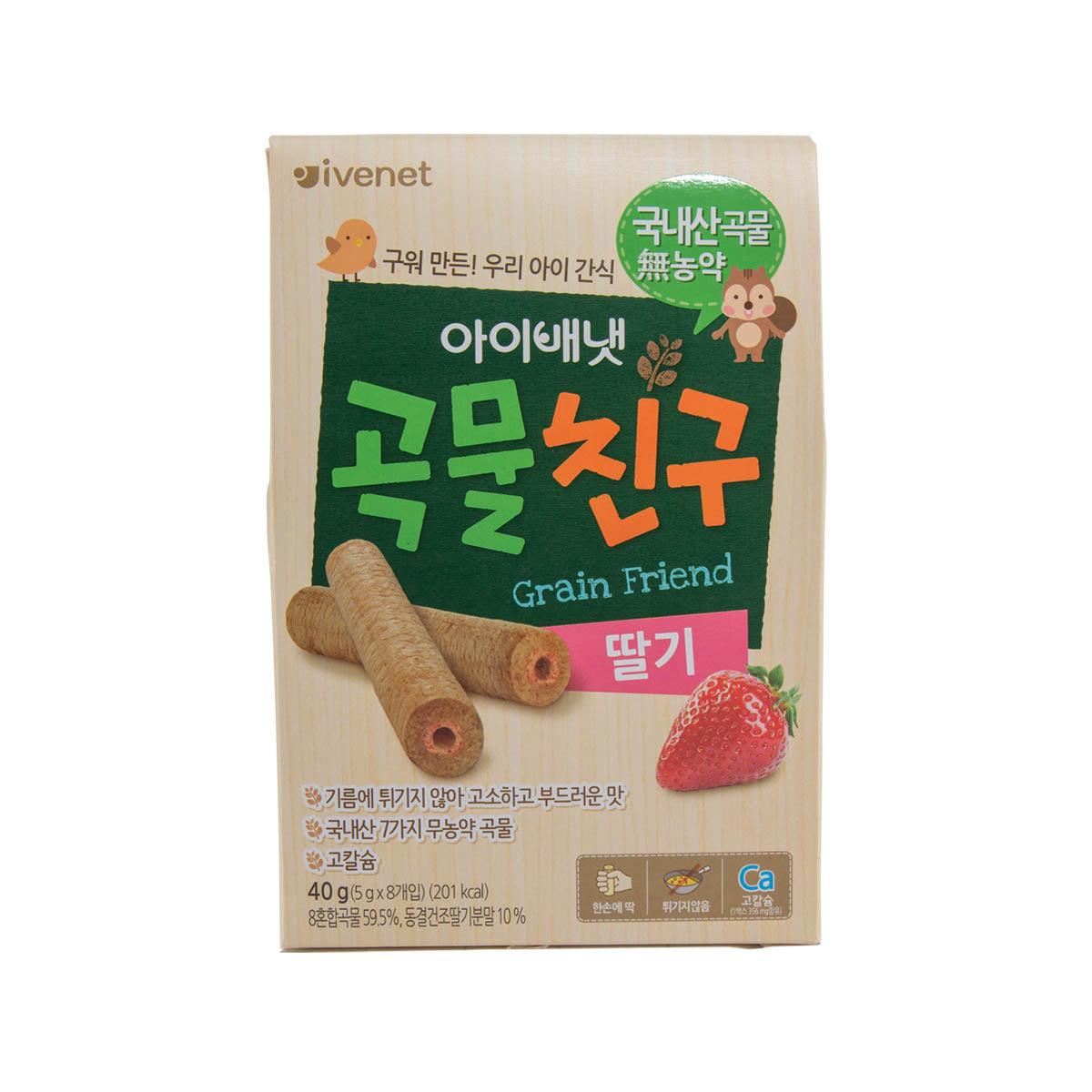 Strawberry Grain Friend snack pouch with cartoon grain stick graphics, 8 x 5g.