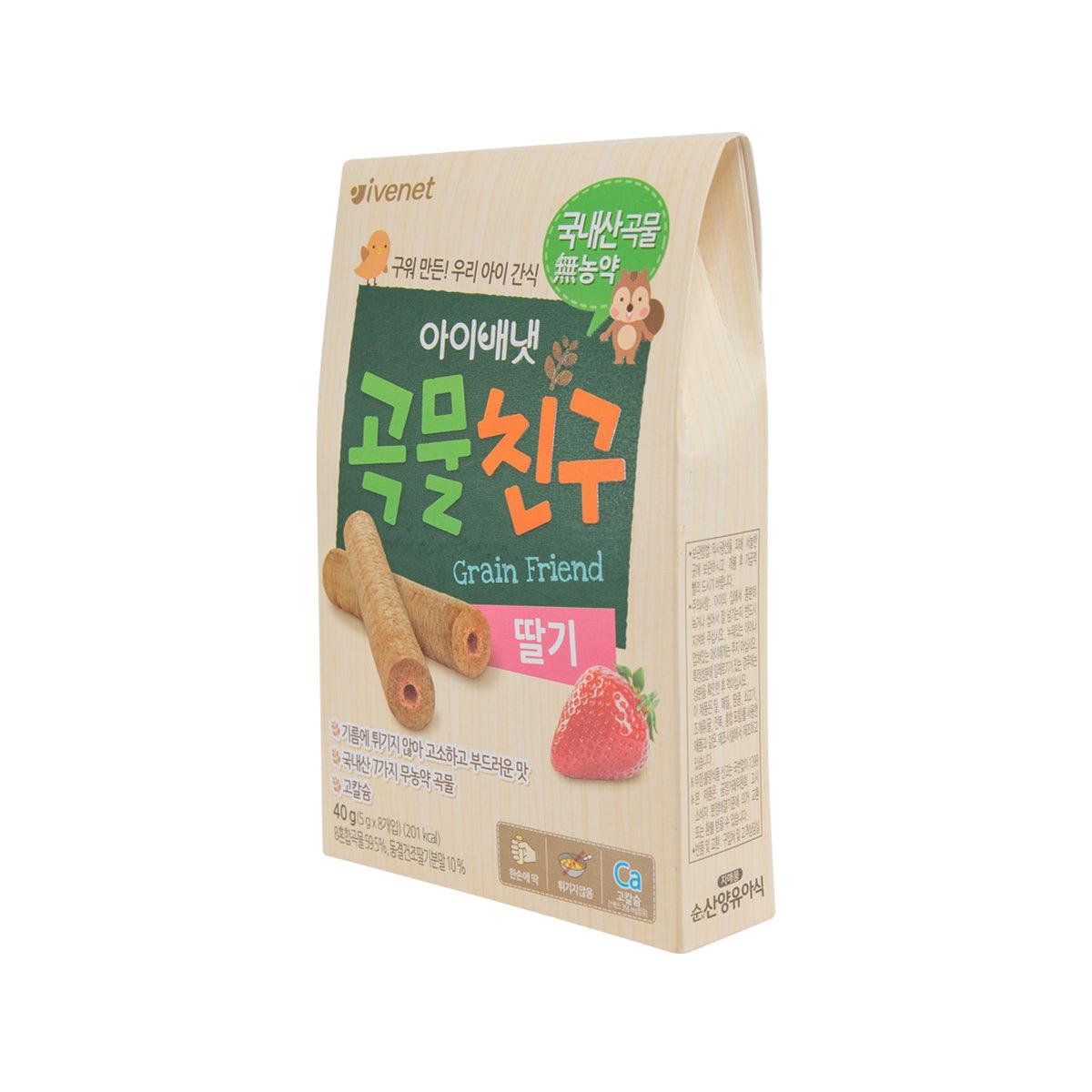 Grain Friend snack pouch, strawberry flavor, side view with ingredients panel.