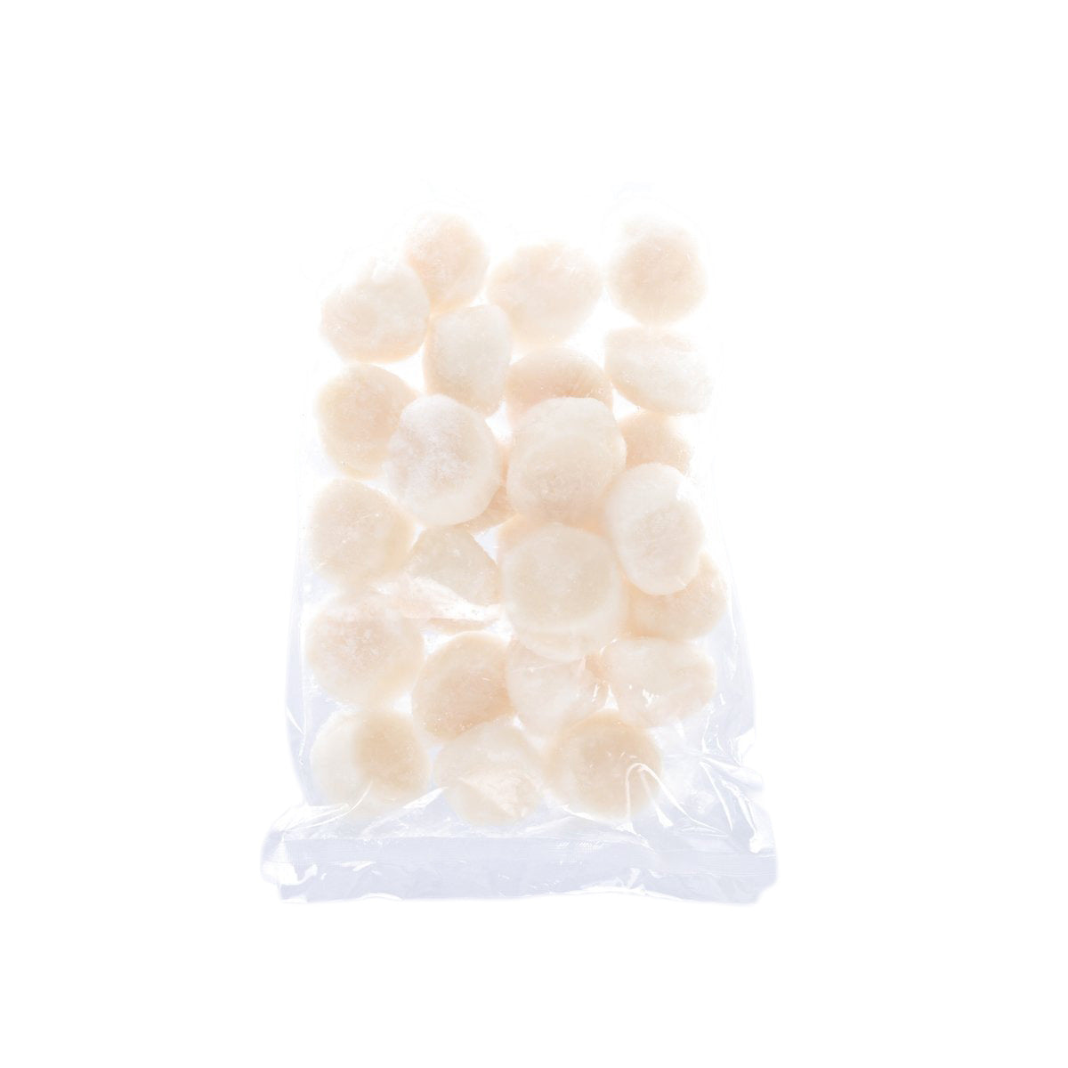 Frozen scallop pieces in sealed plastic bag