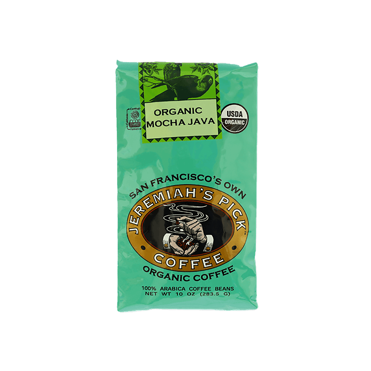 Organic coffee bean bag, green with JEREMIAH'S PICK branding and USDA Organic seal