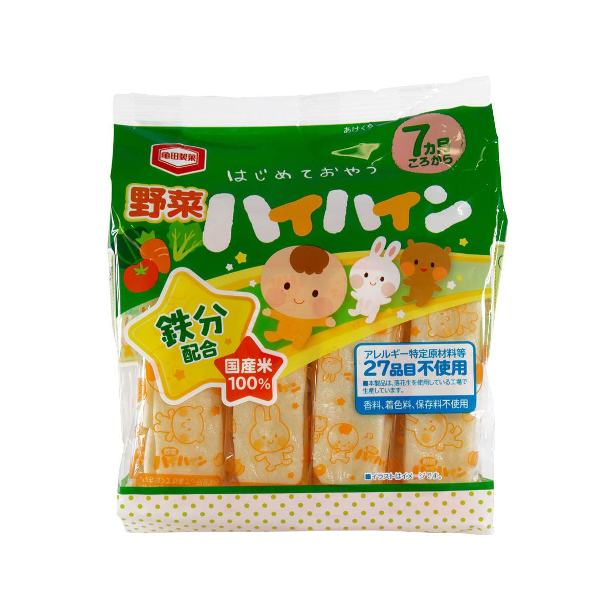 KAMEDA vegetable baby rice cracker pouch, green package with cartoon animal graphics