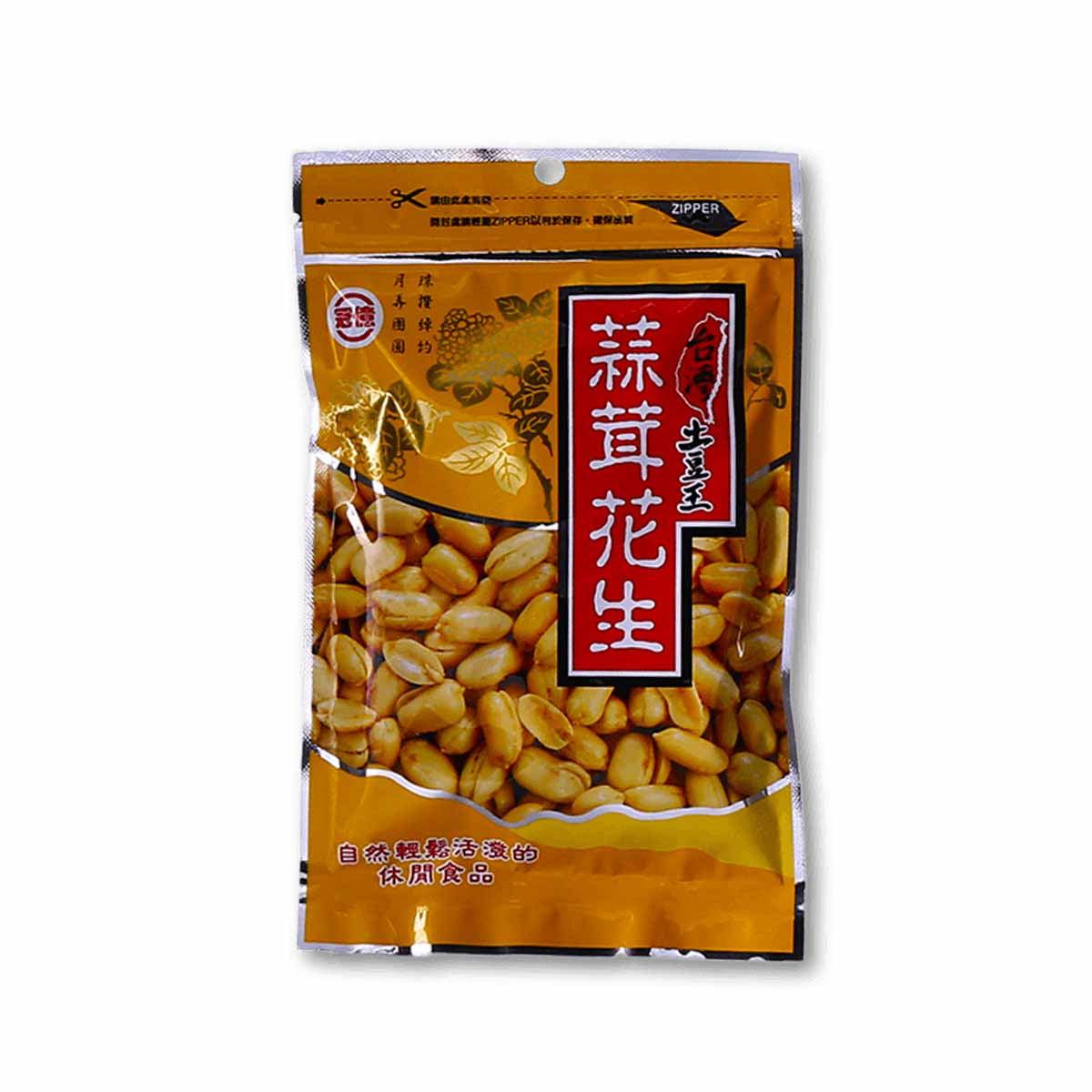 KUNYAT garlic peanut snack bag, 130g, resealable zipper pack with peanuts illustration