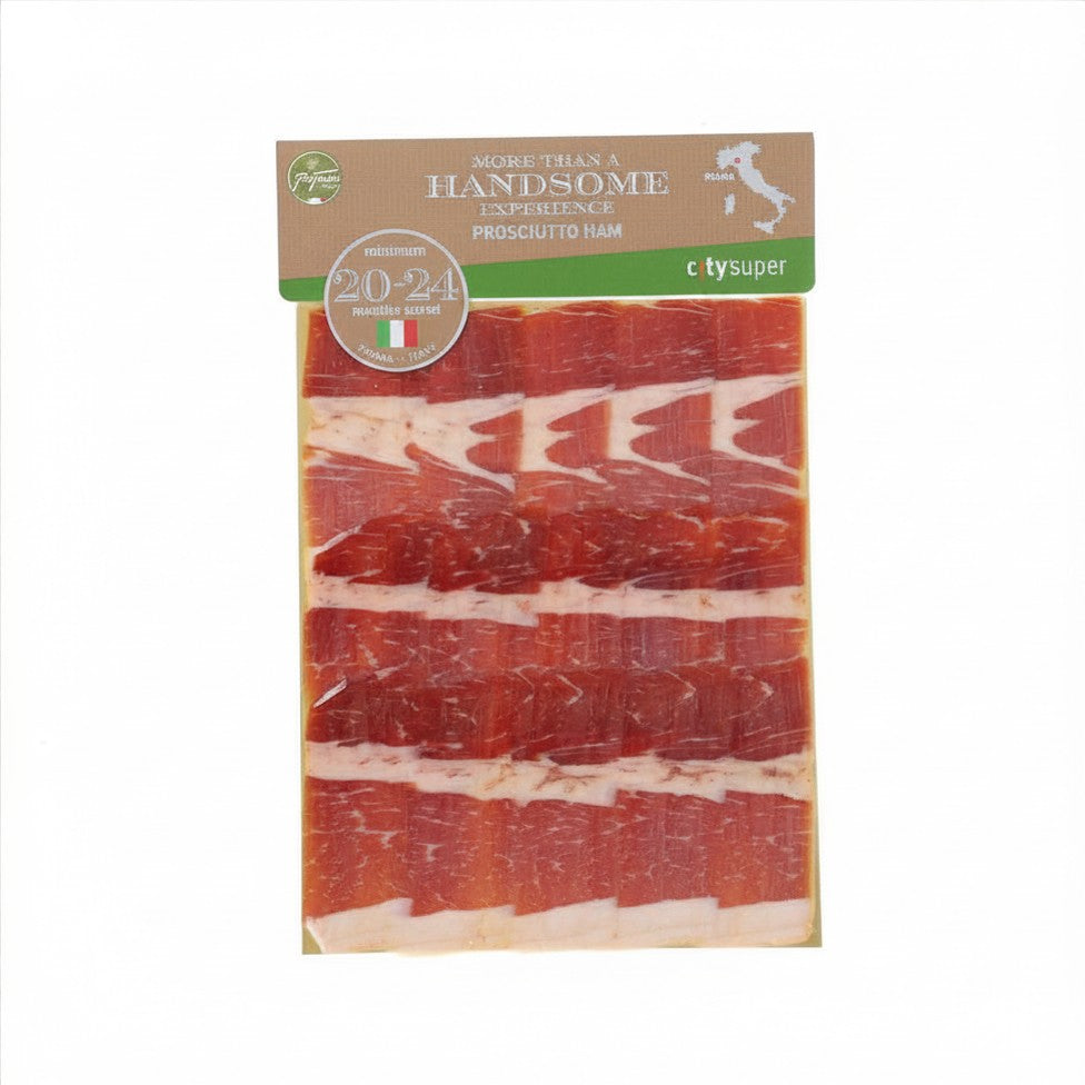 Hand-sliced prosciutto ham in sealed package, visible thin red and white slices