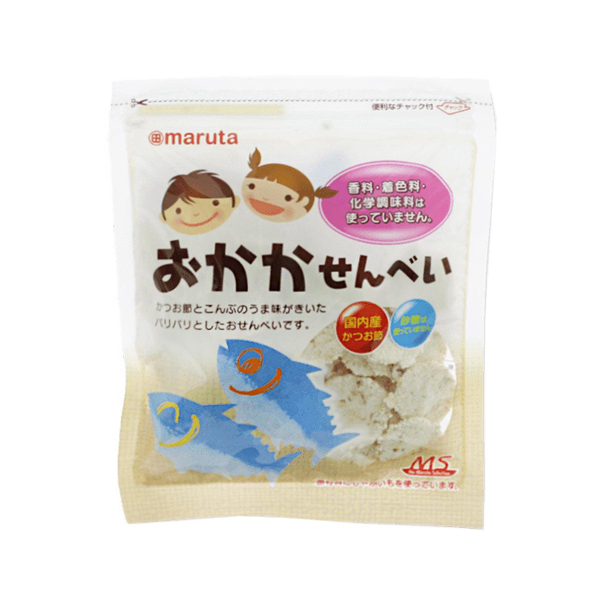 MARUTA bonito snack crackers in sealed clear pouch with blue fish graphic