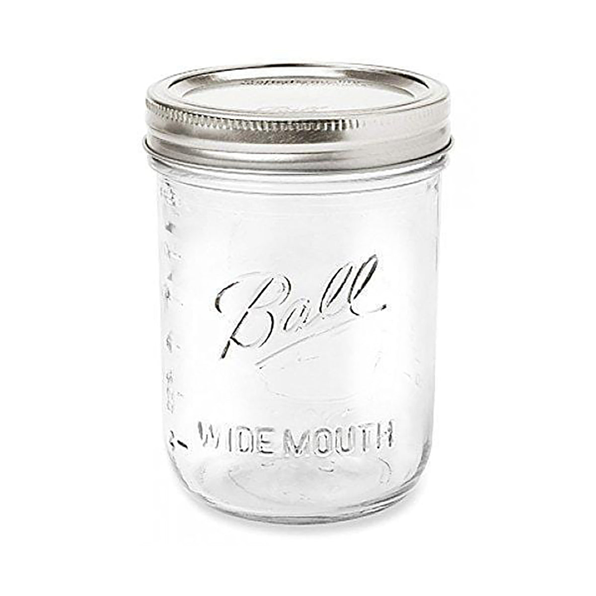 Wide-mouth clear glass mason jar with metal lid, embossed Ball logo.