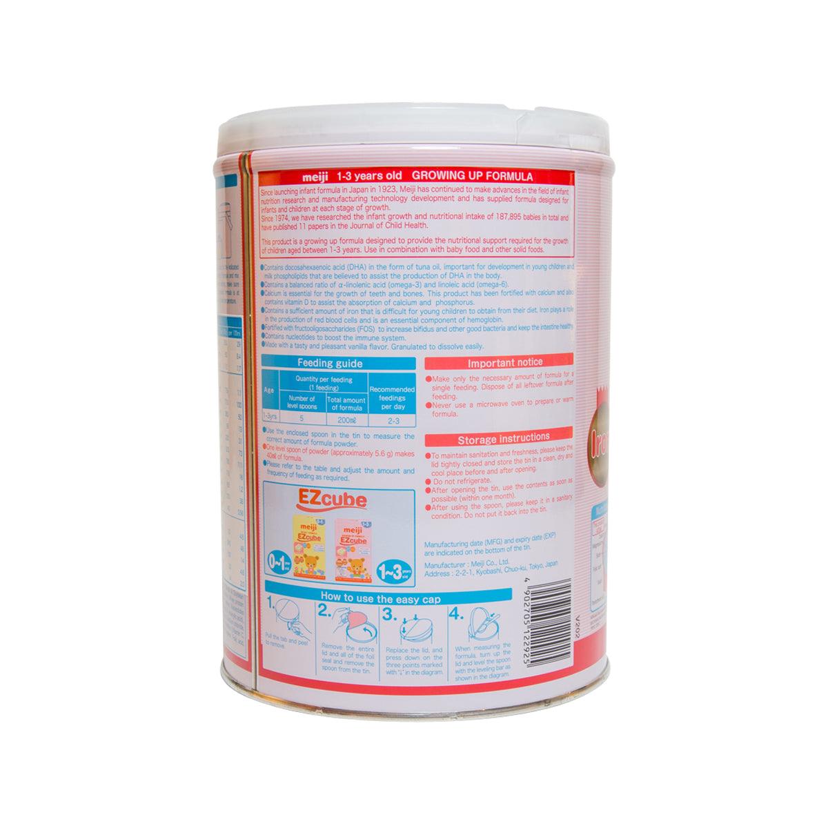 MEIJI Growing Up Formula can, nutrition and instructions panel